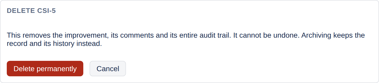 A confirmation panel headed 'Delete CSI-5' stating that this removes the improvement, its comments and its entire audit trail, that it cannot be undone, and that archiving keeps the record and its history instead, with Delete permanently and Cancel buttons.