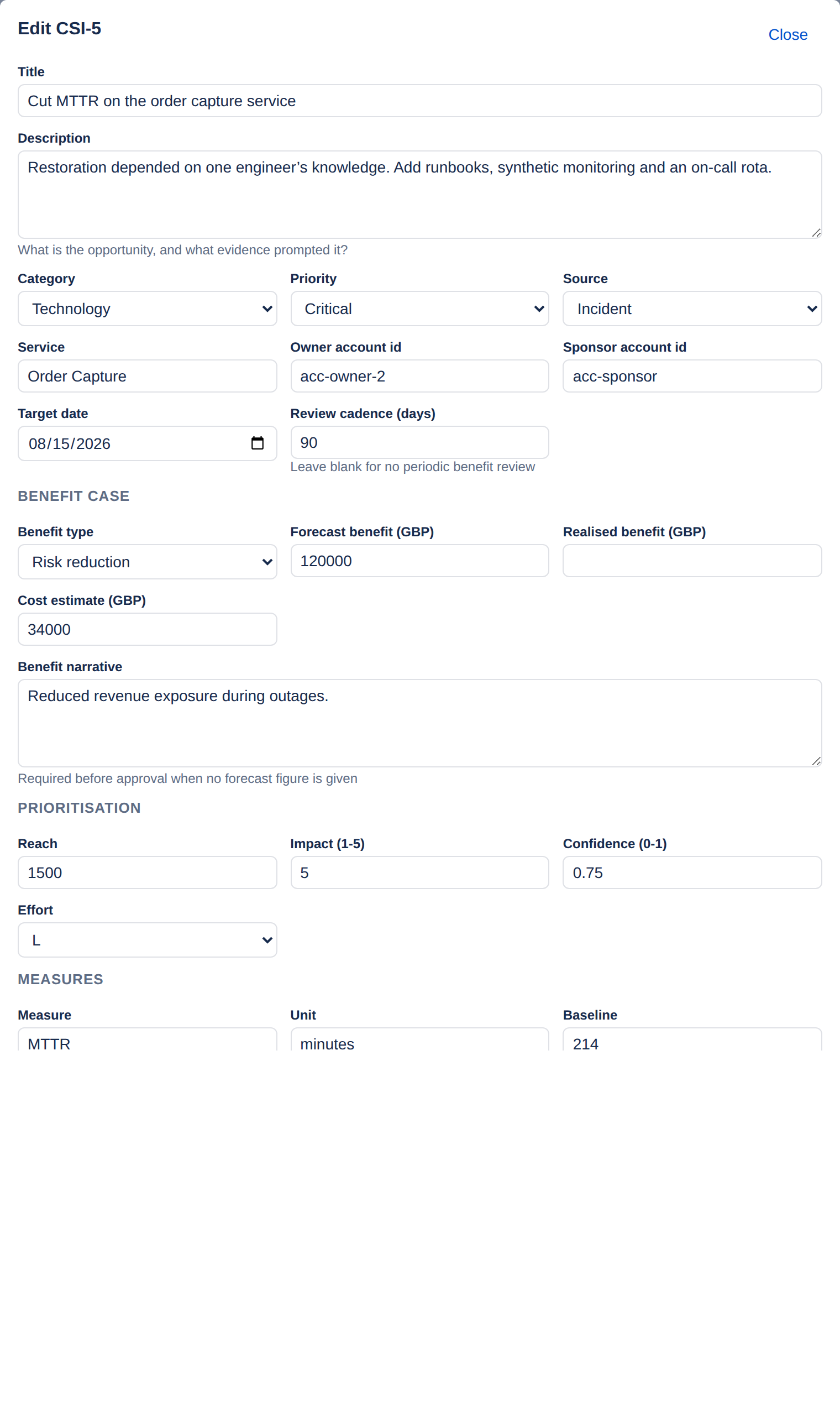 The edit form for an improvement, pre-filled with its existing title, description, category, priority, source, service, owner, target date and benefit case.