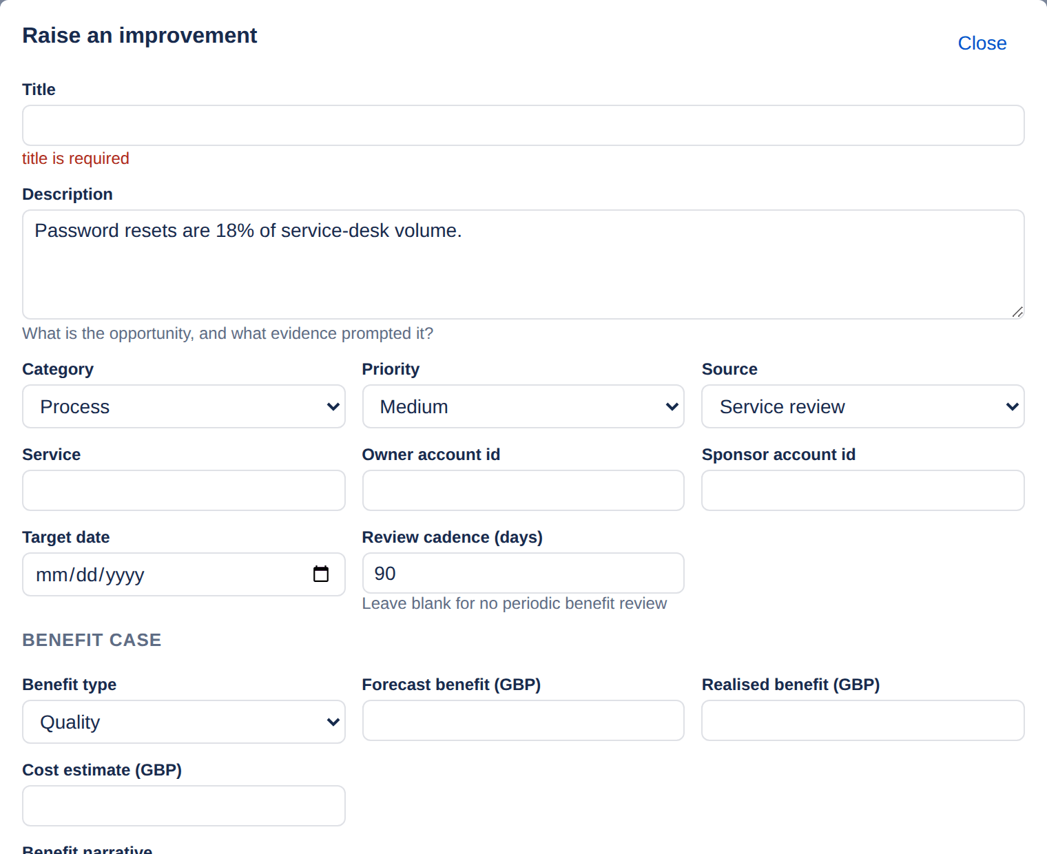 The raise form with the message 'title is required' shown in red directly beneath the empty Title field.