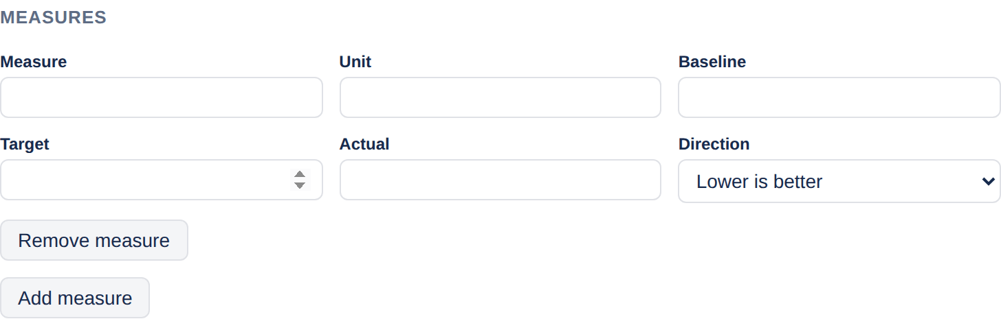 The measures editor with fields for Measure, Unit, Baseline, Target, Actual and a Direction dropdown set to 'Lower is better', plus Remove measure and Add measure buttons.