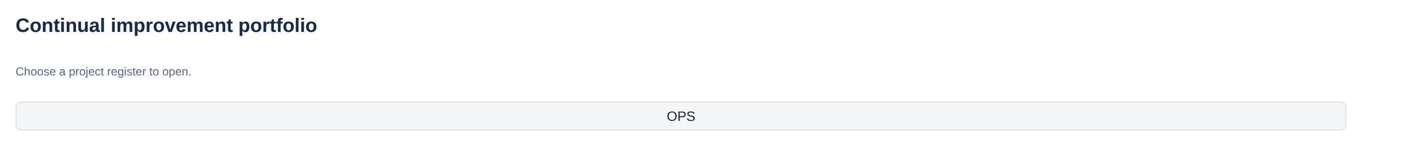 The ImproveDesk portfolio page with the heading 'Continual improvement portfolio' and a button for the OPS project register.