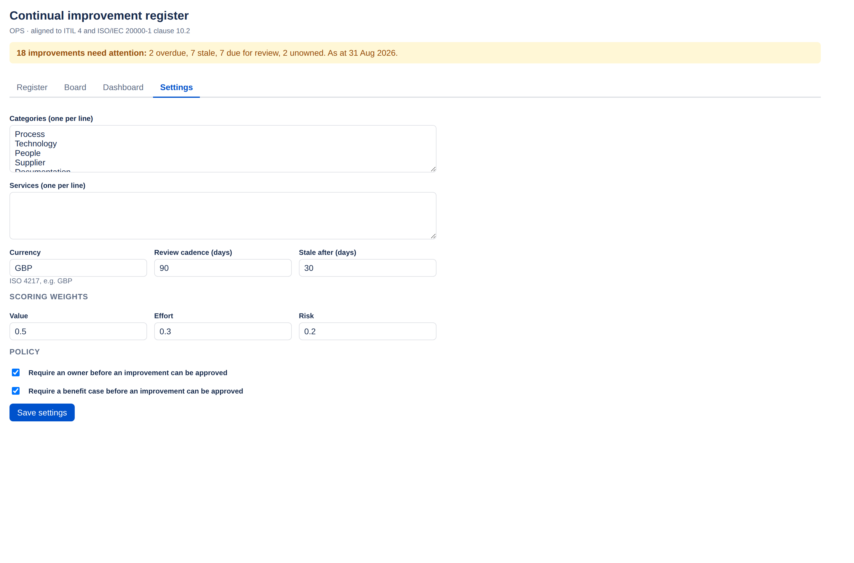 The ImproveDesk settings screen with category and service lists, currency, review cadence, stale threshold, scoring weights for value, effort and risk, and two policy checkboxes.