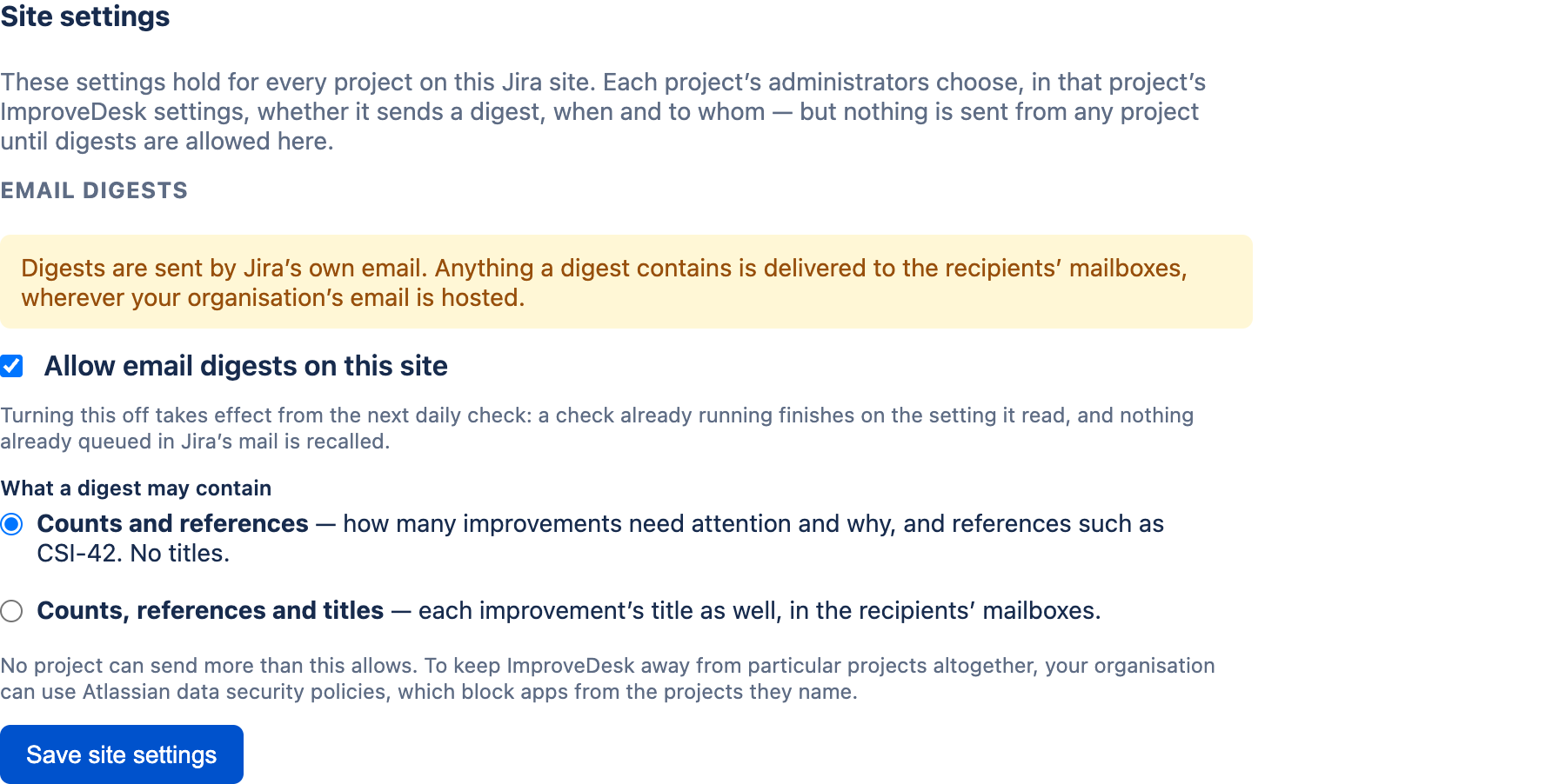 ImproveDesk's site settings page: an amber note that digests are sent by Jira's own email, a ticked checkbox 'Allow email digests on this site', a choice under 'What a digest may contain' between 'Counts and references' (selected) and 'Counts, references and titles', and a Save site settings button.