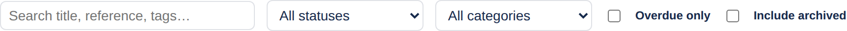 The register toolbar with a search box, status and category dropdowns, overdue and archived checkboxes, an Export CSV button and a Raise improvement button.