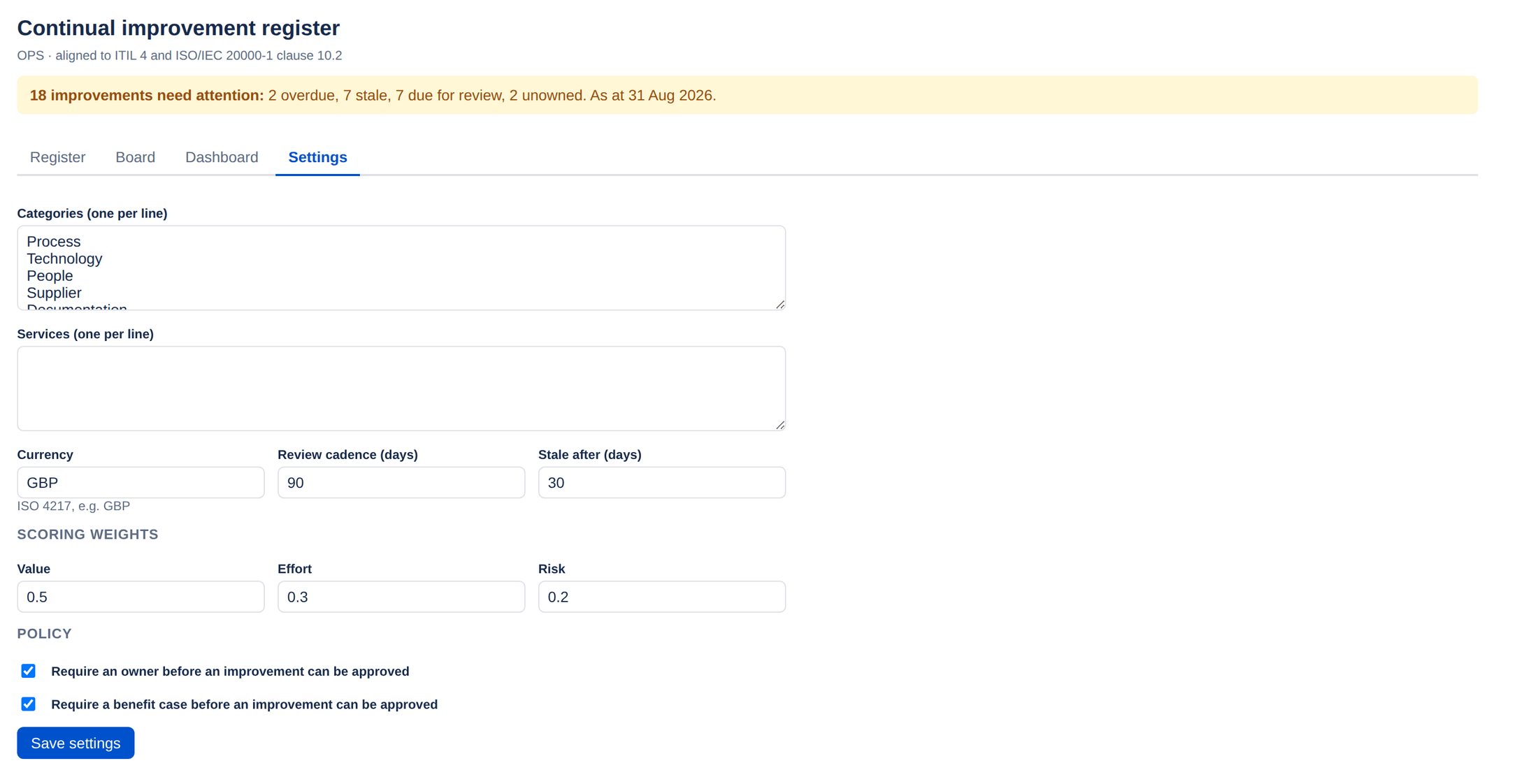 The ImproveDesk settings page with category and service lists, currency, review cadence, stale threshold, scoring weights and two approval policy toggles.